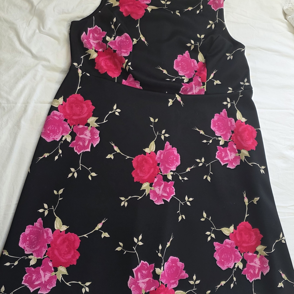 Betsey Johnson Black Midi Dress with Hot Pink Floral Print